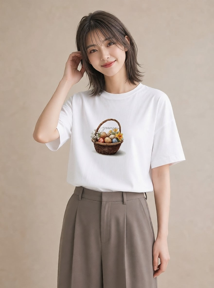 半袖Tシャツ レディース 自転車のかご 自転車 花かご ナチュラル アンティーク イラスト アート風 休日 ペアコーデ 白T YMAZO