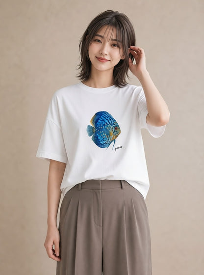 Tシャツ レディース 熱帯魚 ペット 動物 イラスト 上品 ラフ レイヤード 白T YMAZO