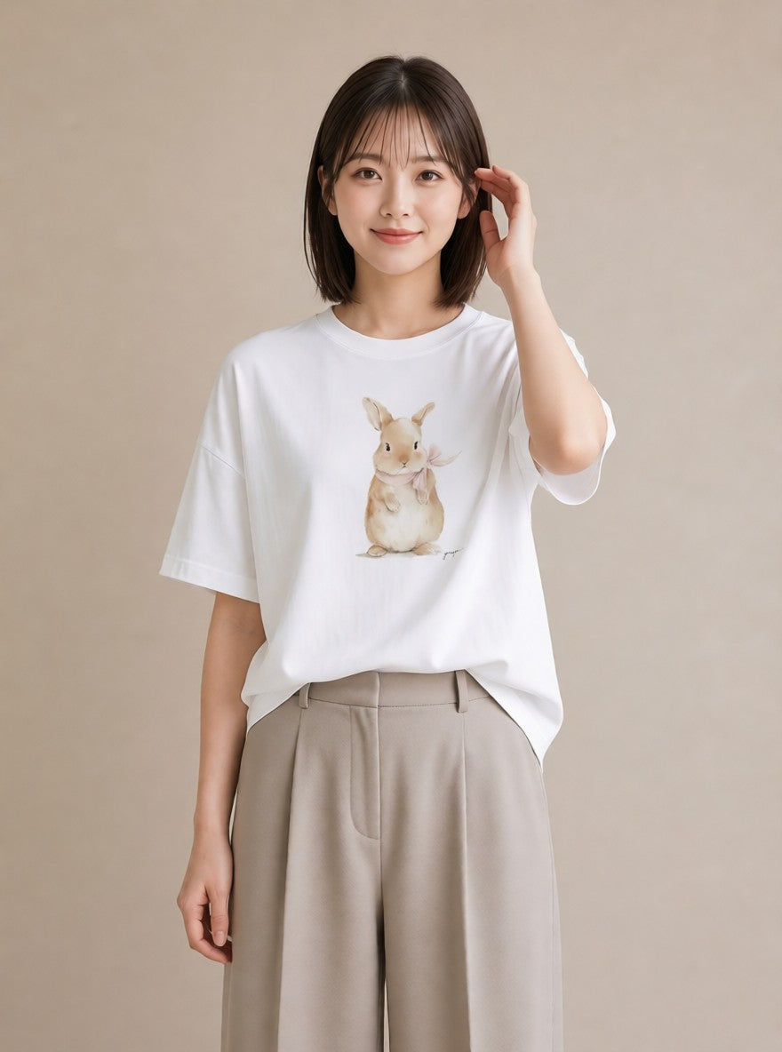 半袖Tシャツ レディース うさぎ ウサギ ラビット ペット 動物 イラスト ミニマル 週末コーデ 敬老の日 白T YMAZO