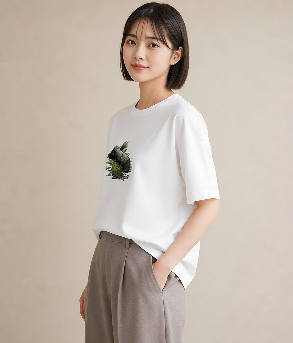 Tシャツ レディース 小川 橋 せせらぎ ナチュラル アンティーク イラスト 普段使い 公園 ママ 白T YMAZO