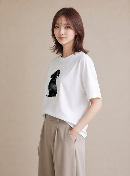 半袖Tシャツ レディース ミックス犬 犬 いぬ イラスト 韓国風 カジュアルコーデ 買い物 白T YMAZO