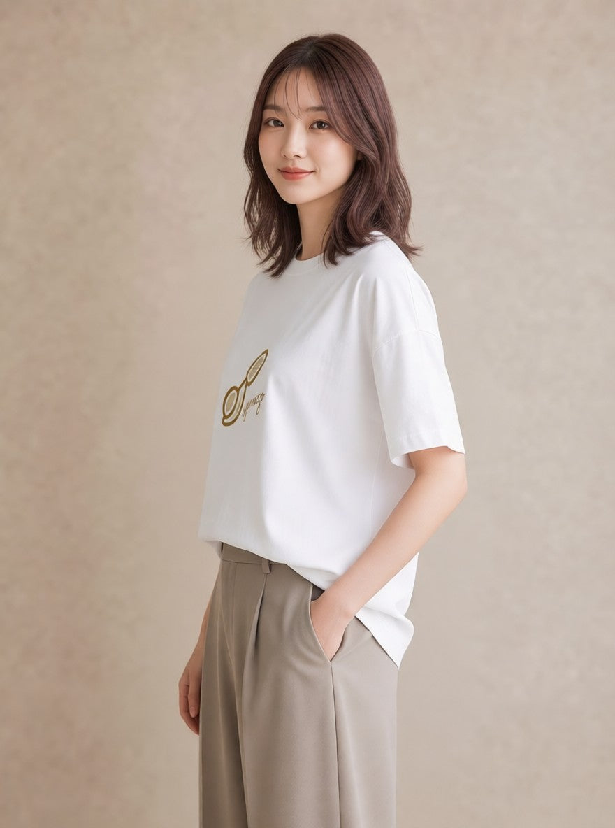 Tシャツ レディース パールピアス アクセサリー ナチュラル アンティーク イラスト モード ミセス 春コーデ 白T YMAZO