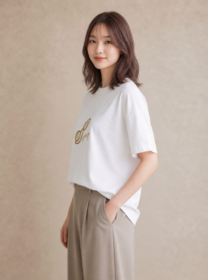 Tシャツ レディース パールピアス アクセサリー ナチュラル アンティーク イラスト モード ミセス 春コーデ 白T YMAZO
