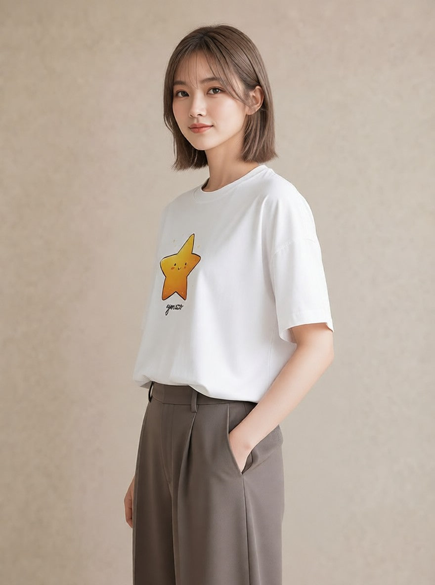 半袖Tシャツ レディース 星 星空 宇宙 イラスト フェミニン 普段着 週末コーデ 白T YMAZO