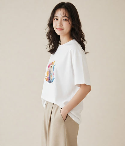 デザインTシャツ レディース ポメラニアン ポメ 犬 いぬ イラスト アート風 友達ギフト 部屋着 白T YMAZO