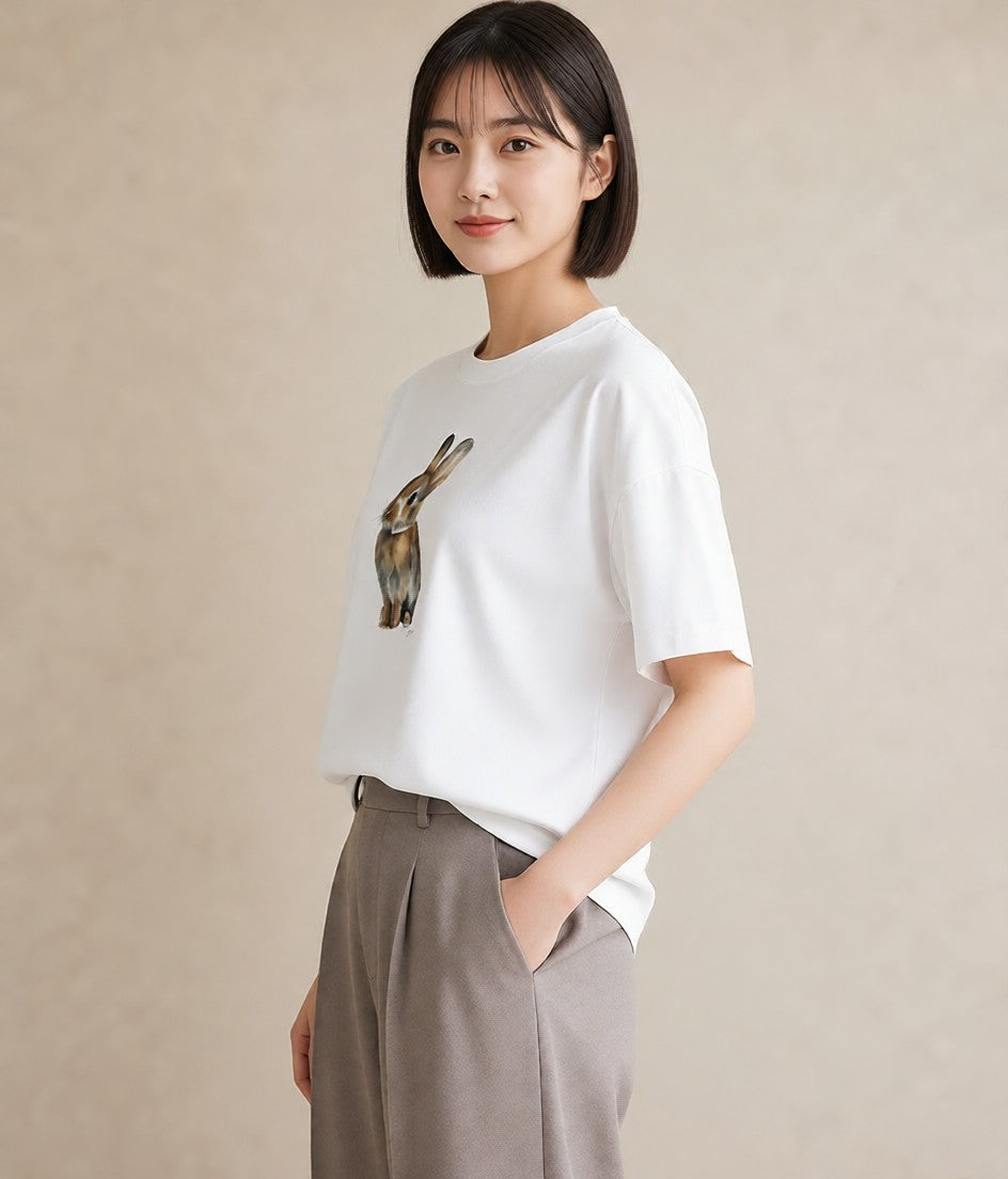 プリントTシャツ レディース うさちゃん ペット 動物 イラスト ニュアンス 旅行 母娘コーデ 白T YMAZO