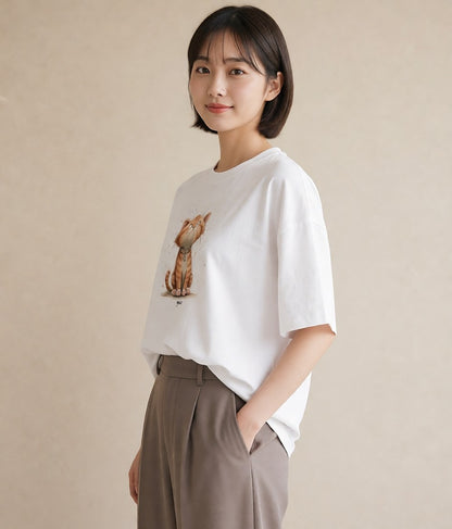 プリントTシャツ レディース おすわり猫 猫 ねこ イラスト ラフ 普段着 週末コーデ 白T YMAZO