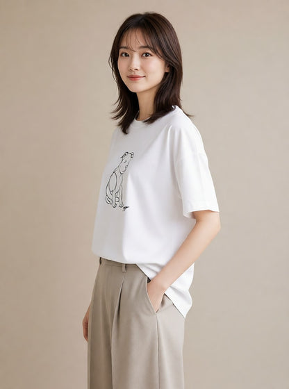 Tシャツ レディース 犬 いぬ わんこ イラスト 上品 お出かけ 普段着 白T YMAZO