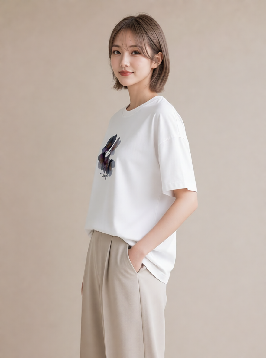 Tシャツ レディース スミレ 花 花柄 イラスト 韓国風 ビーチ デイリーウェア 白T