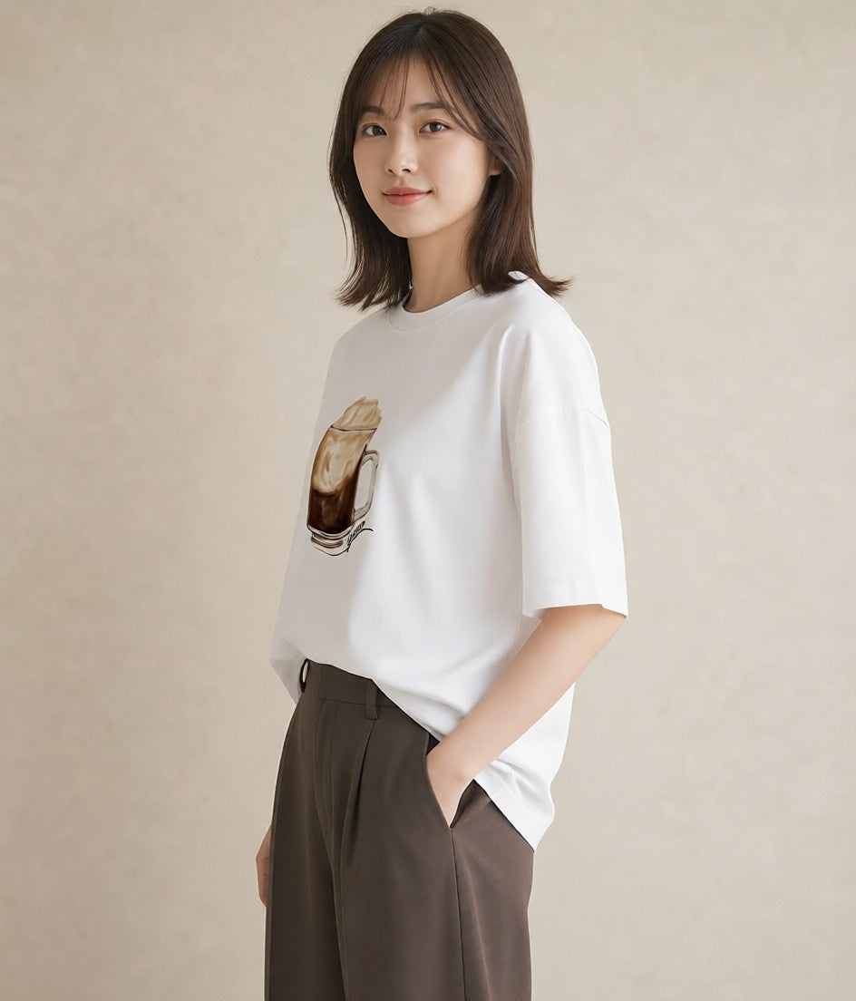 Tシャツ レディース コーヒー 珈琲 カフェ 食べ物 フード イラスト シック ママ カフェ服 白T YMAZO