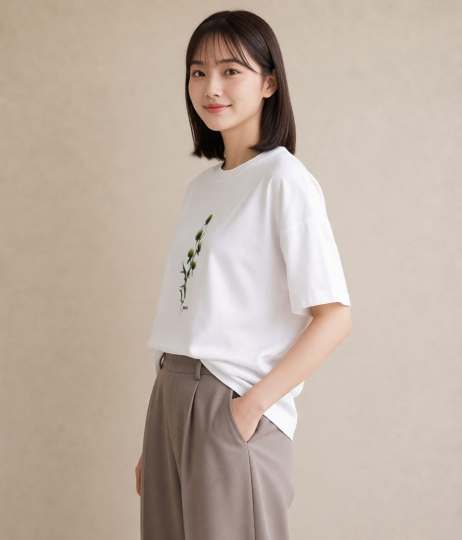 デザインTシャツ レディース ガラス瓶 小枝 ボタニカル ナチュラル アンティーク イラスト アート風 自分用 ルームウェア 白T YMAZO