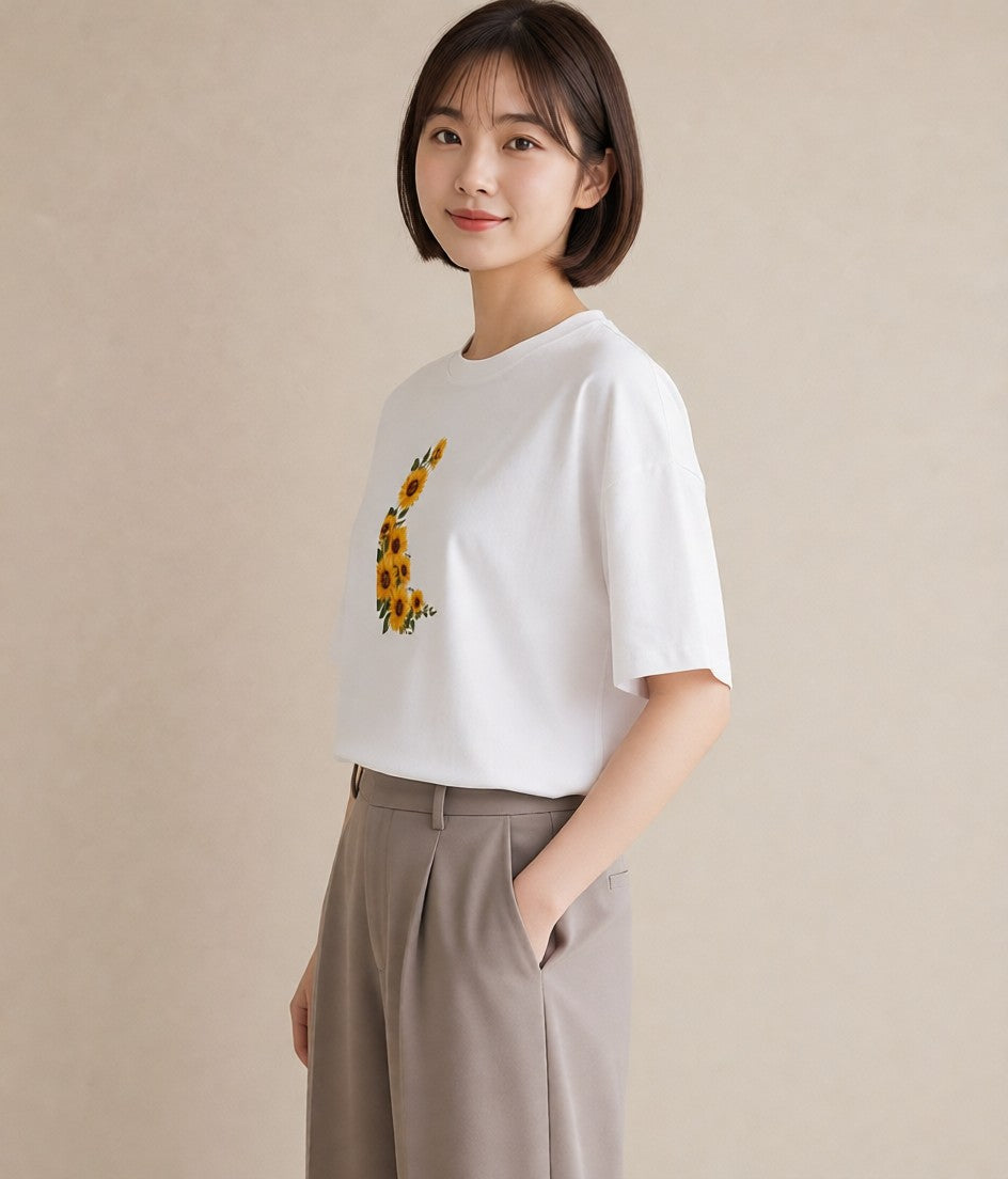 プリントTシャツ レディース ひまわり 向日葵 花 花柄 イラスト こなれ感 送別ギフト 通勤 白T