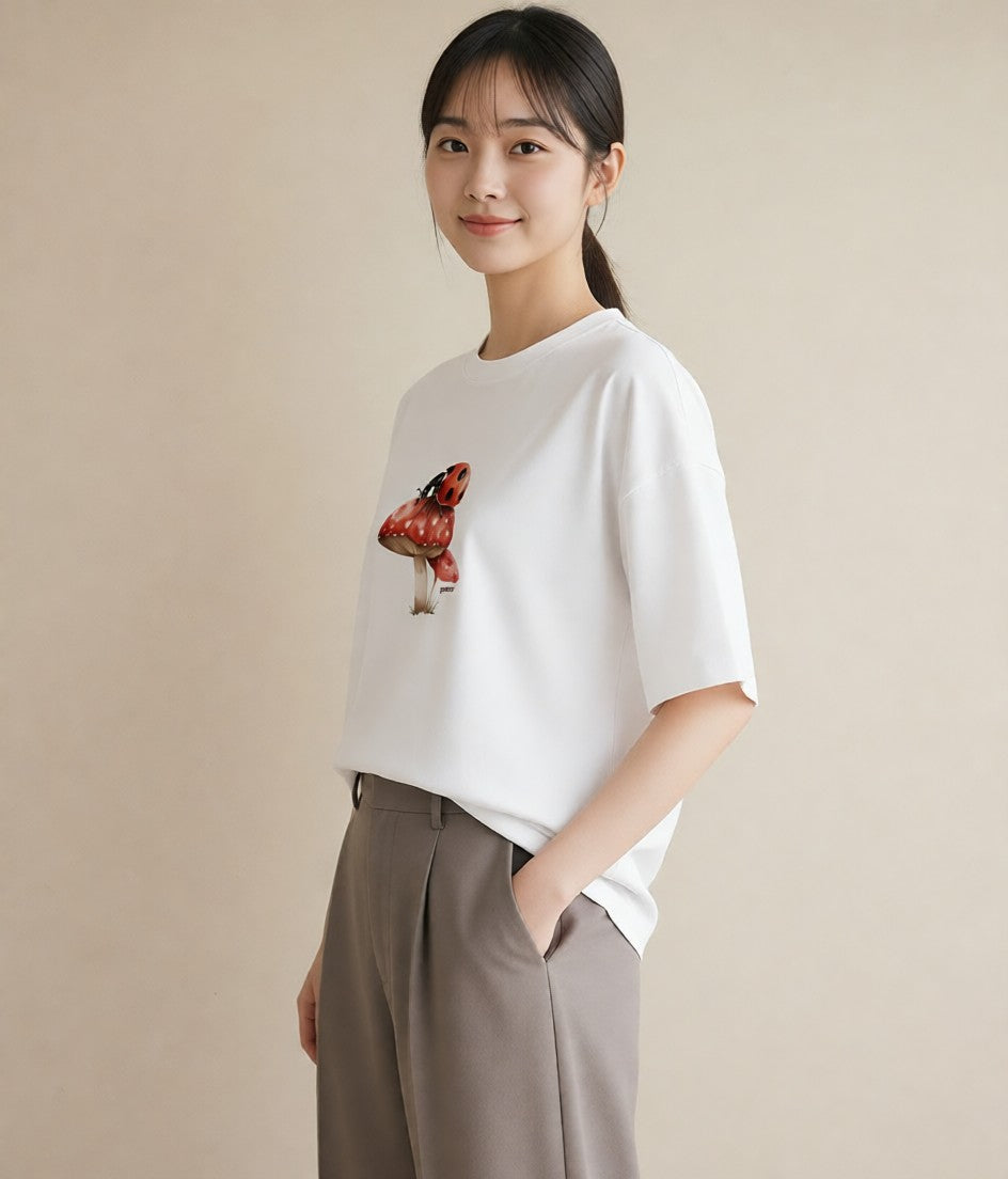 半袖Tシャツ レディース カブトムシ 昆虫 虫 イラスト 抜け感 綿100 デート 白T YMAZO