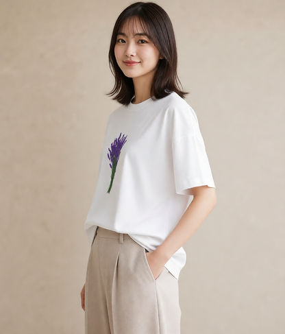 デザインTシャツ レディース ラベンダー 花 花柄 イラスト 個性的 カフェ服 クリスマス 白T