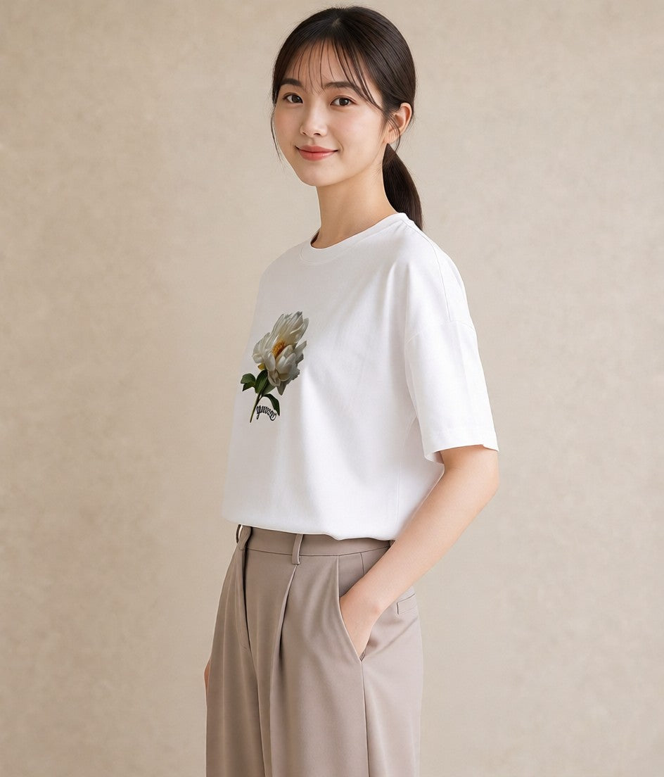 半袖Tシャツ レディース 牡丹 花 花柄 イラスト きれいめカジュアル 旅行用 海 白T YMAZO