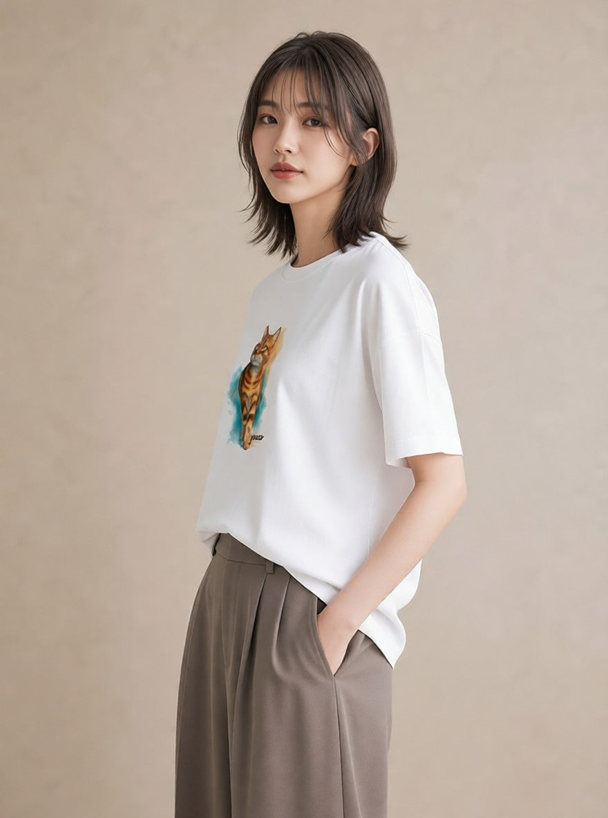 半袖Tシャツ レディース スフィンクス 猫 ねこ イラスト ポップ 春服 ミセス 白T YMAZO
