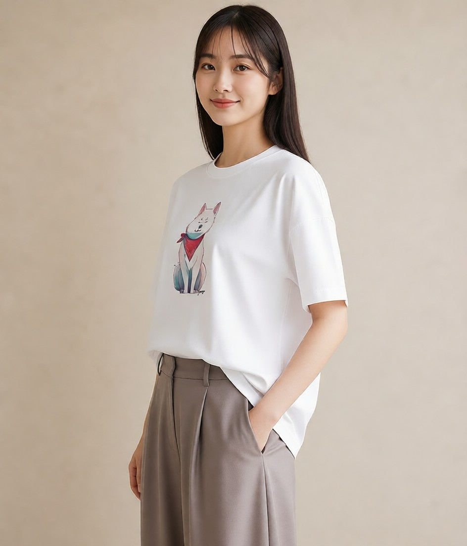 Tシャツ レディース 白柴 犬 いぬ イラスト ミニマル 友達ギフト 部屋着 白T YMAZO