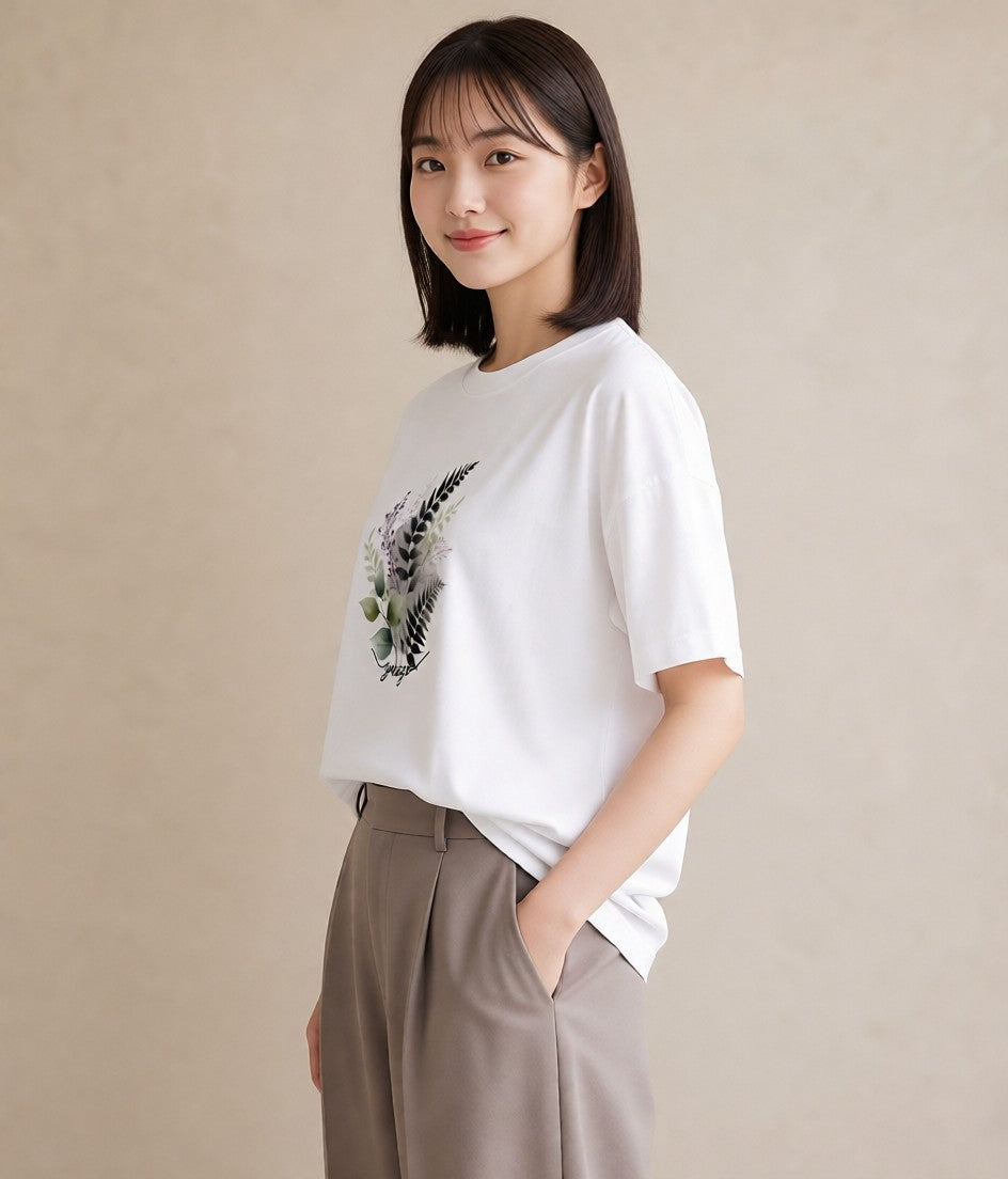デザインTシャツ レディース シダ 植物 ボタニカル イラスト シック 帰省 ラフ 白T YMAZO