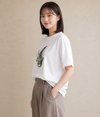デザインTシャツ レディース シダ 植物 ボタニカル イラスト シック 帰省 ラフ 白T YMAZO