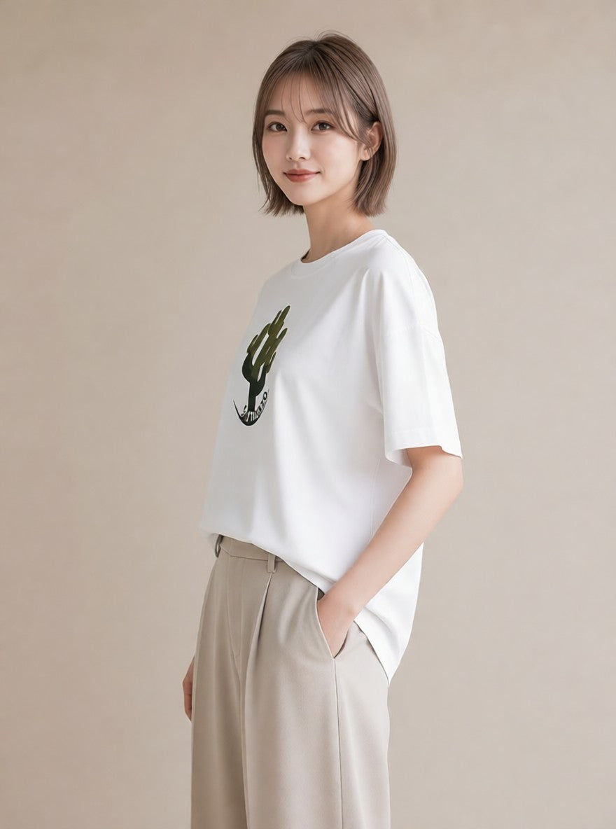 プリントTシャツ レディース サボテン 植物 ボタニカル イラスト ヴィンテージ風 社会人 女性 白T YMAZO