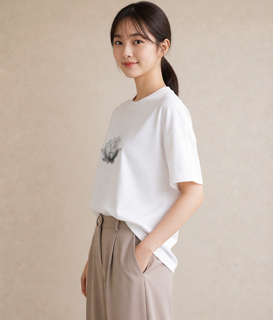 半袖Tシャツ レディース 蓮 花 花柄 イラスト おしゃれギフト 社会人 白T YMAZO