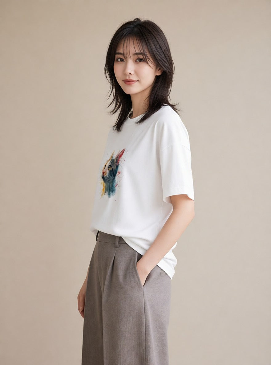 Tシャツ レディース ぶち猫 猫 ねこ イラスト 水彩風 お揃い 親子 白T YMAZO