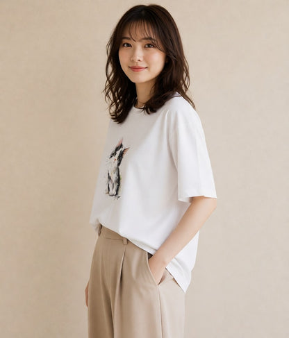 半袖Tシャツ レディース 三毛猫 みけねこ 三毛 猫 ねこ イラスト フェミニン 散歩 お出かけ 白T YMAZO