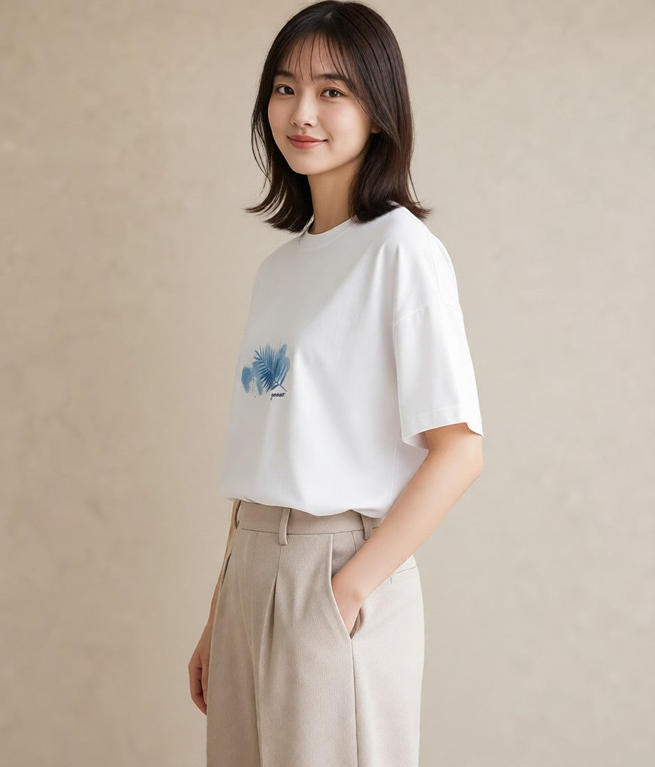 プリントTシャツ レディース シダ 植物 ボタニカル イラスト 淡色 カジュアルコーデ 買い物 白T YMAZO