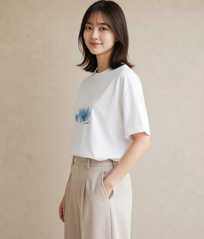 プリントTシャツ レディース シダ 植物 ボタニカル イラスト 淡色 カジュアルコーデ 買い物 白T YMAZO