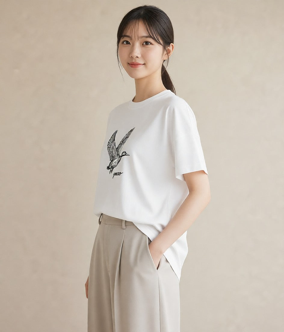 半袖Tシャツ レディース ハクチョウ 動物 アニマル イラスト 水彩風 社会人 女性 白T YMAZO