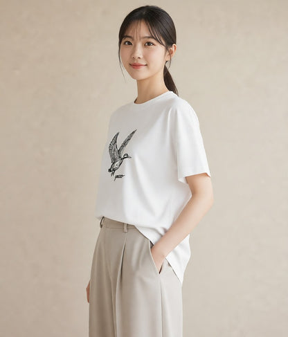 半袖Tシャツ レディース ハクチョウ 動物 アニマル イラスト 水彩風 社会人 女性 白T YMAZO