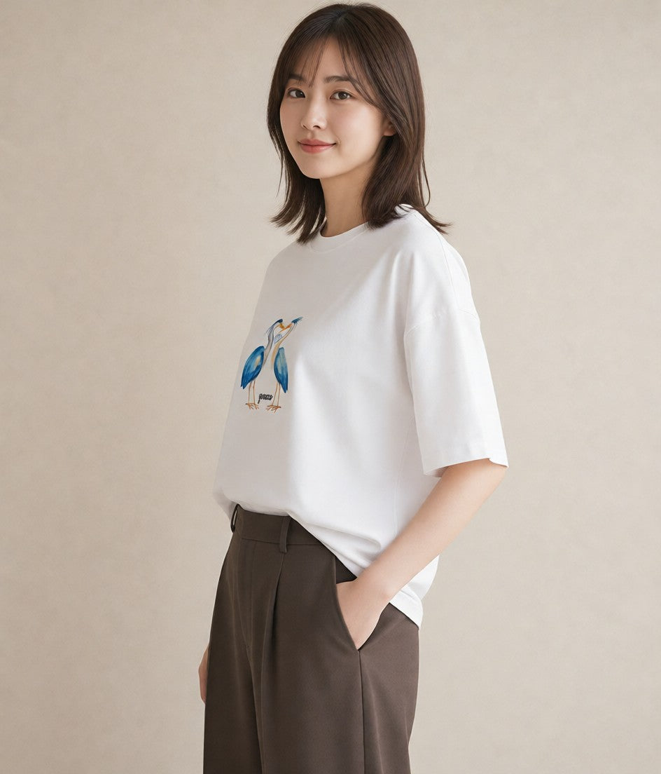 半袖Tシャツ レディース ハシビロコウ 動物 アニマル イラスト 休日コーデ 休日 ペアコーデ 白T YMAZO