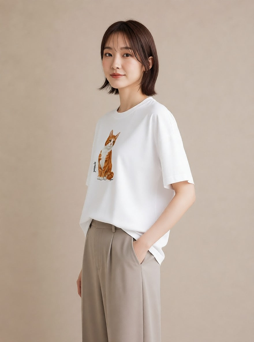 デザインTシャツ レディース アビシニアン 猫 ねこ イラスト ユニーク 旅行用 海 白T YMAZO
