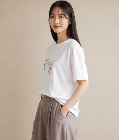 デザインTシャツ レディース 洗濯物 風 ナチュラル アンティーク イラスト 上品 誕生日プレゼント 綿100 白T YMAZO