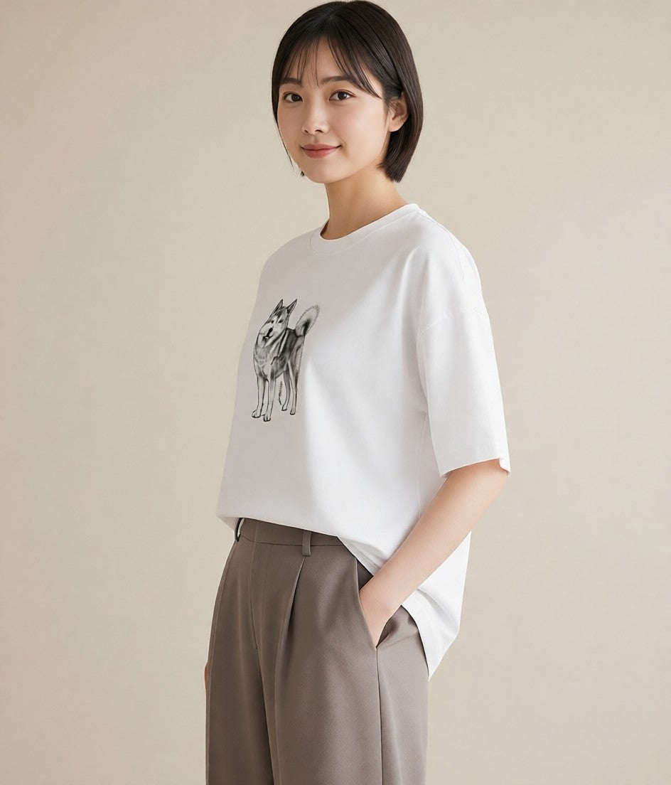 プリントTシャツ レディース 秋田犬 犬 いぬ イラスト ナチュラル ホワイトデー 春服 白T YMAZO