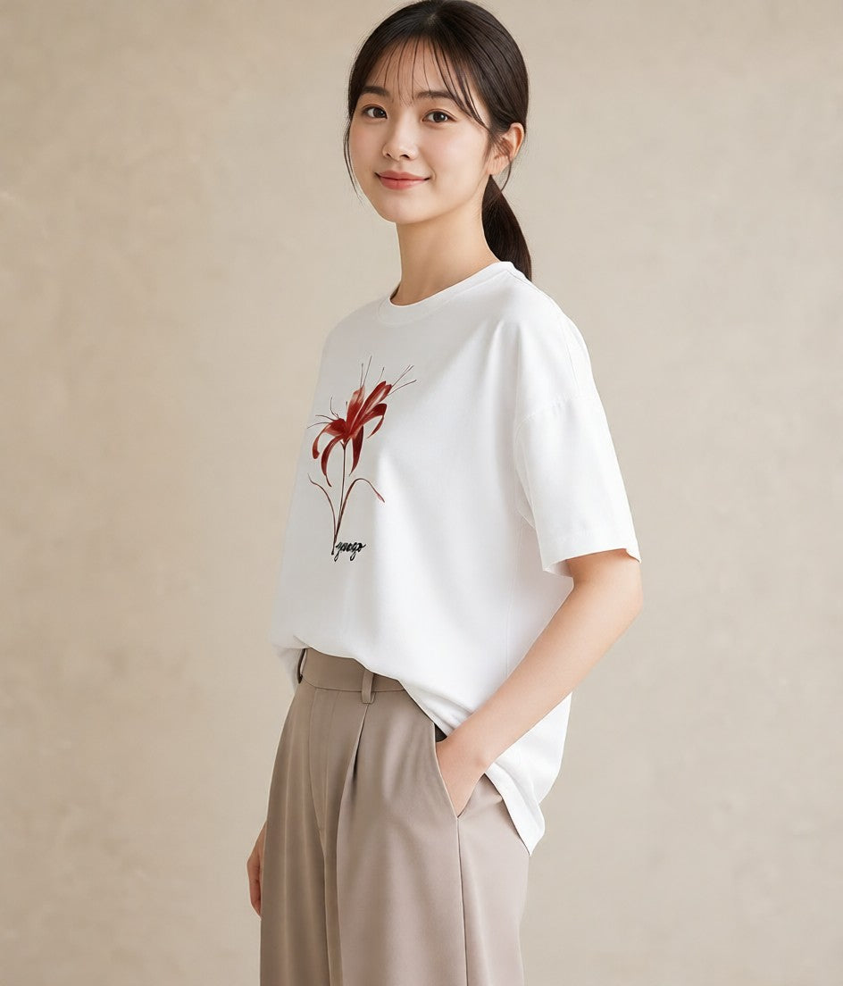 デザインTシャツ レディース 彼岸花 花 花柄 イラスト モード 敬老の日 ホワイトデー 白T YMAZO