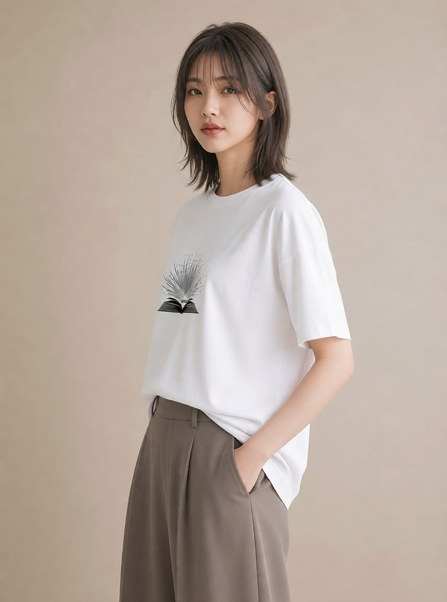 プリントTシャツ レディース 本 読書 ブック イラスト 淡色 ルームウェア ギフト 白T YMAZO