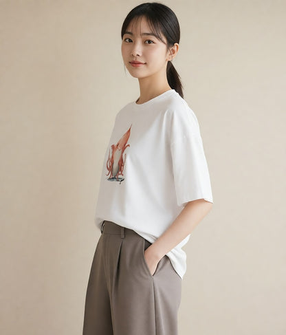 半袖Tシャツ レディース タコ 海の生き物 海 イラスト 可愛い 通勤 在宅 白T YMAZO