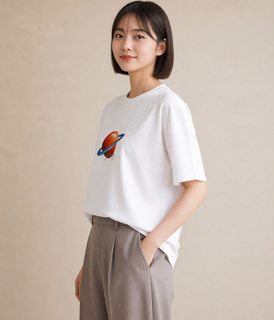 プリントTシャツ レディース 土星 星空 宇宙 イラスト ヴィンテージ風 在宅 公園 白T YMAZO