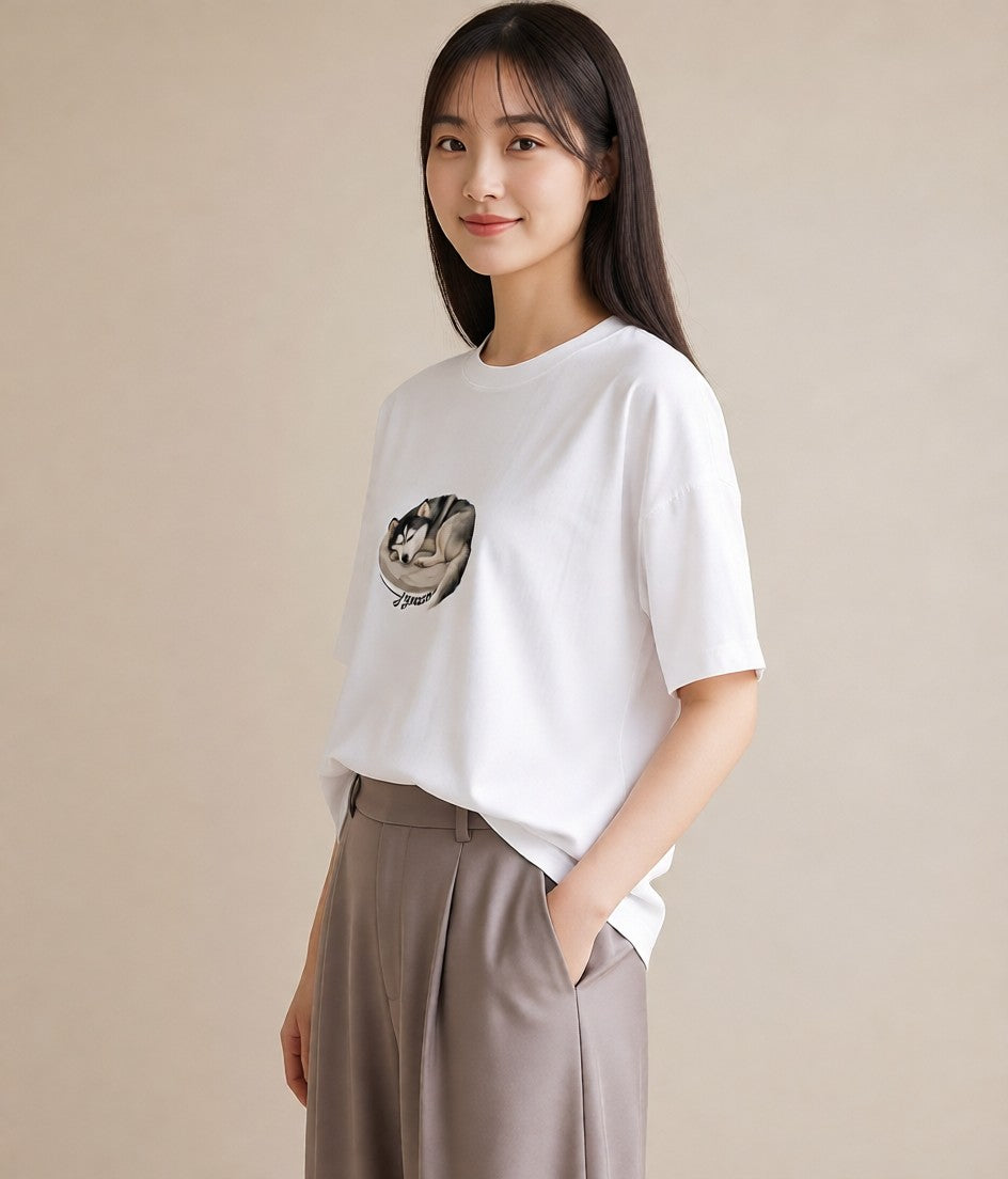プリントTシャツ レディース シベリアンハスキー 犬 いぬ イラスト 旅行コーデ 社会人 女性 白T YMAZO