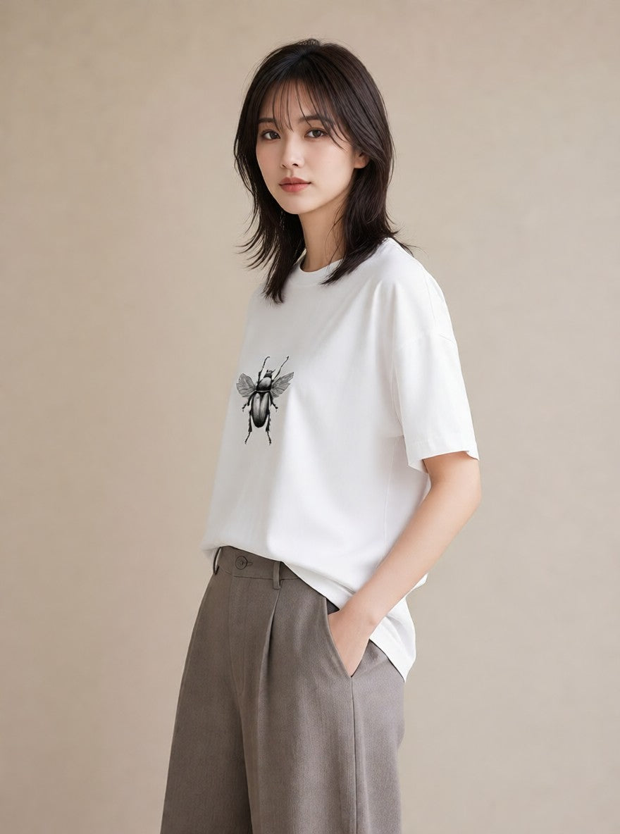 デザインTシャツ レディース クワガタ 昆虫 虫 イラスト ガーリー 通学 誕生日プレゼント 白T YMAZO