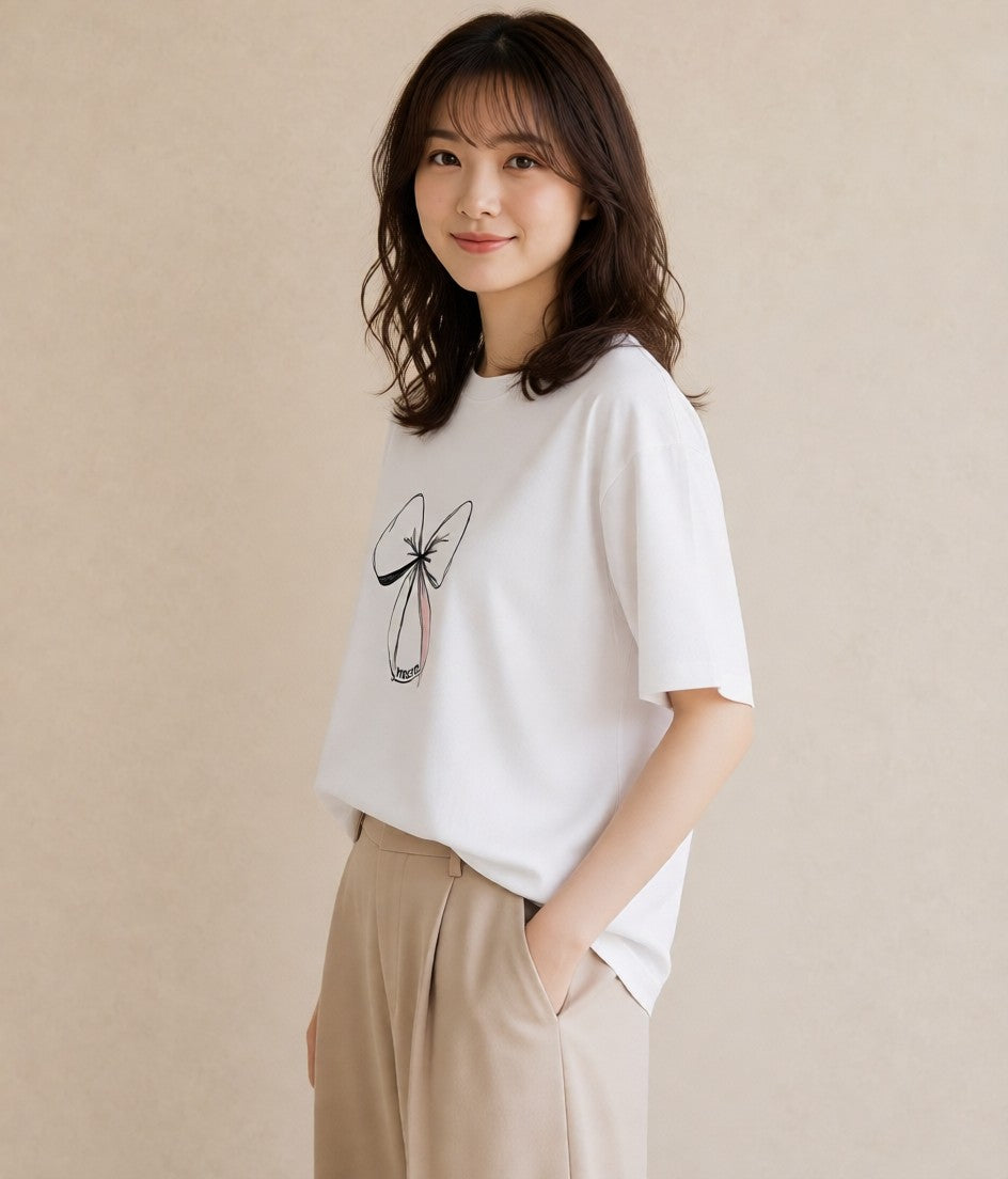 デザインTシャツ レディース リボン ボウ りぼん イラスト ゆるコーデ ビーチ デイリーウェア 白T YMAZO