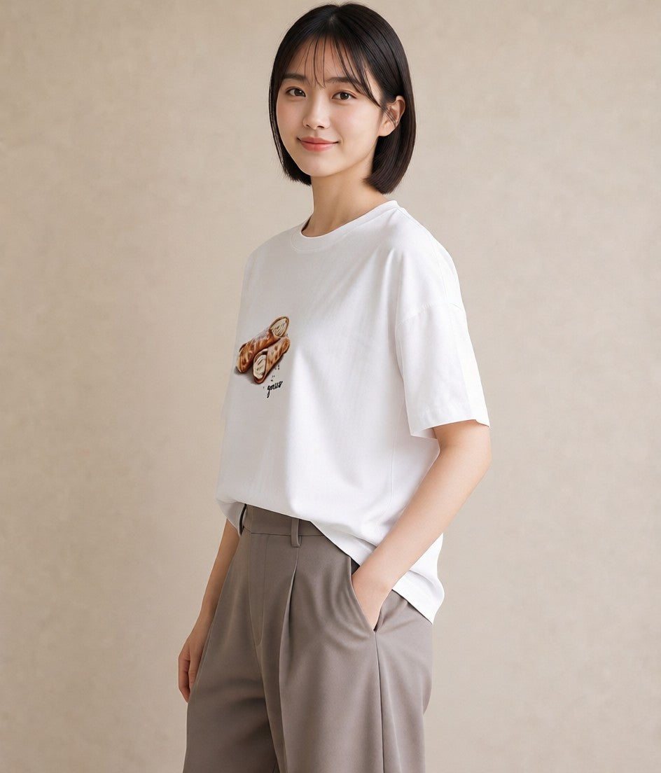 Tシャツ レディース パン 食べ物 フード イラスト きれいめカジュアル デート 帰省 白T YMAZO
