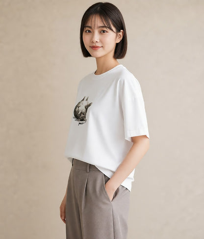 プリントTシャツ レディース 子猫 猫 ねこ イラスト 上品 レイヤード 友達ギフト 白T YMAZO