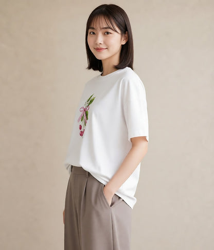 デザインTシャツ レディース さくらんぼ チェリー 食べ物 フード イラスト レトロ 自分用 ルームウェア 白T YMAZO