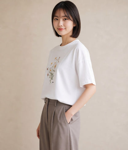 半袖Tシャツ レディース デイジー 花 花柄 イラスト ヴィンテージ風 部屋着 女性向けギフト 白T YMAZO