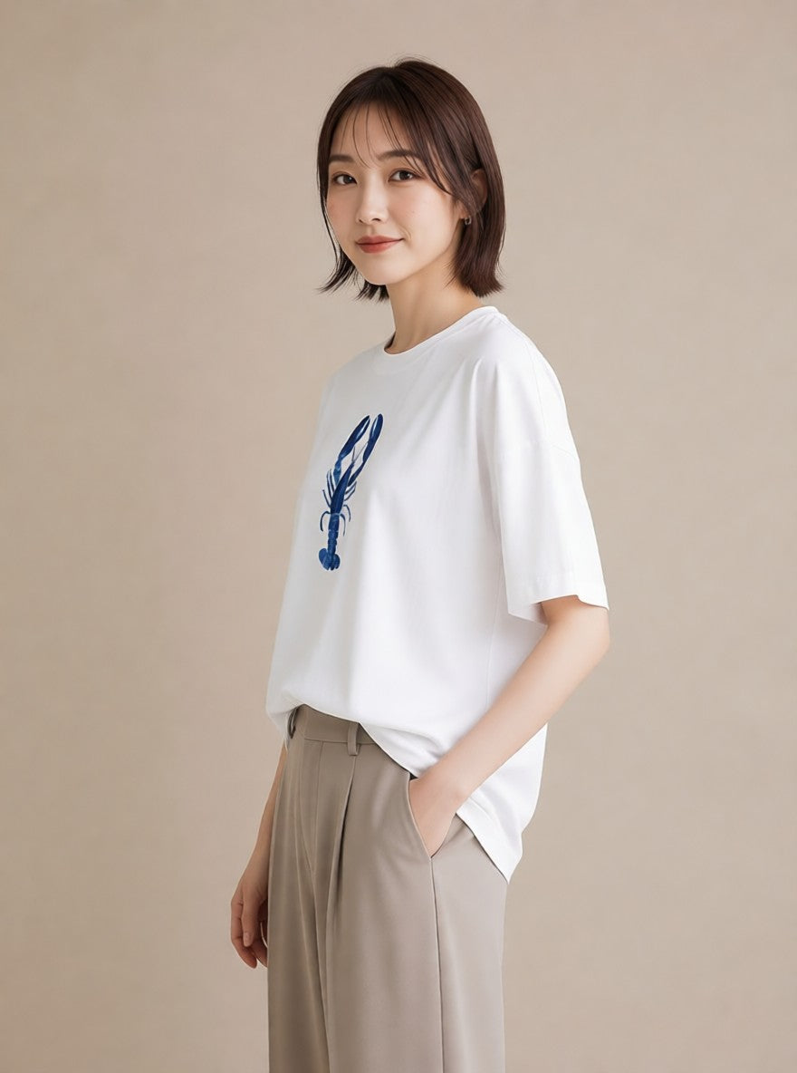 プリントTシャツ レディース エビ 海の生き物 海 イラスト 北欧風 春服 ミセス 白T YMAZO