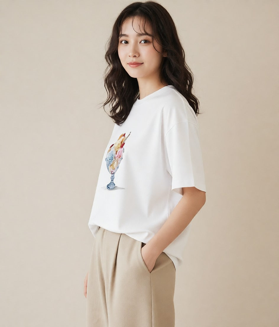 半袖Tシャツ レディース アイス 食べ物 フード イラスト 上品 カフェ巡り 女子会 白T YMAZO