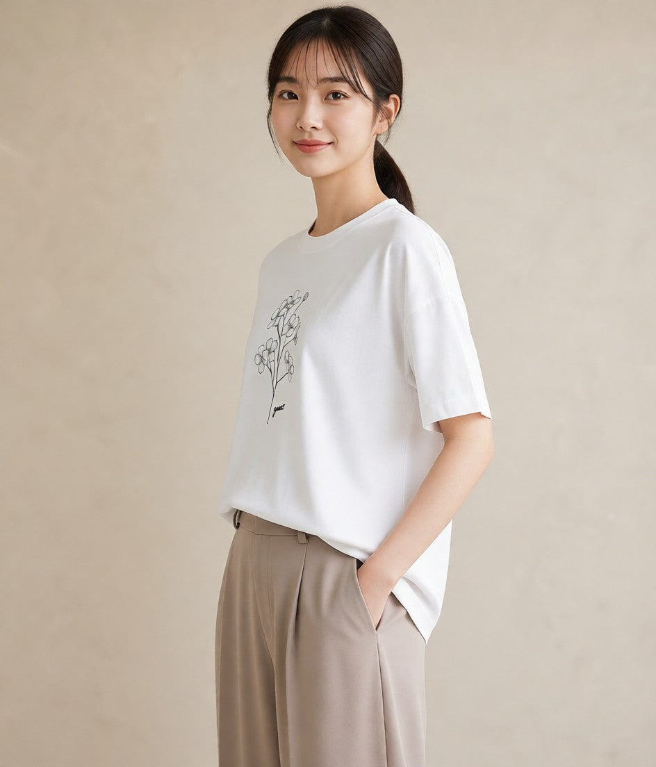 グラフィックTシャツ レディース 小花 花 フラワー イラスト モード ホワイトデー 春服 白T YMAZO