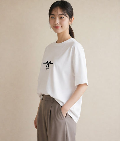 デザインTシャツ レディース リボン ボウ りぼん イラスト モード ミセス 春コーデ 白T YMAZO